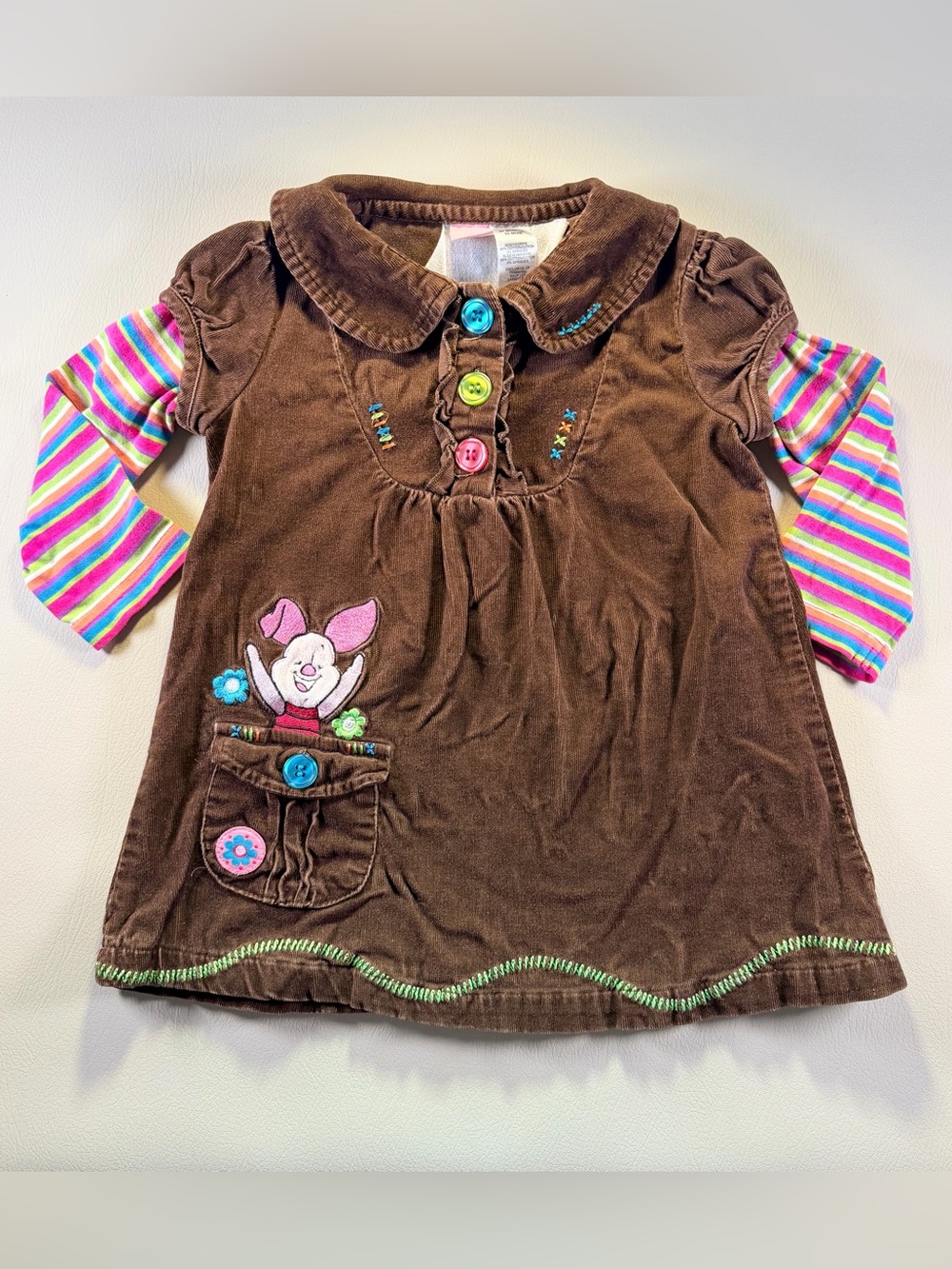 Y2K Piglet embroidery Disney Corduroy baby dress 24M with Striped Sleeves